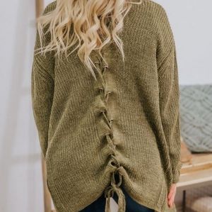 Knit Open Front Lace Up Back Cardigan in Olive